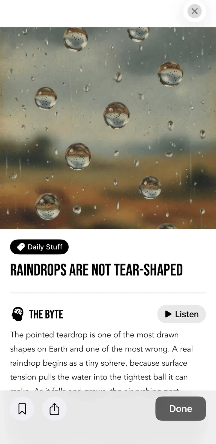 A byte opened in full, showing “The byte” section and the Listen button.