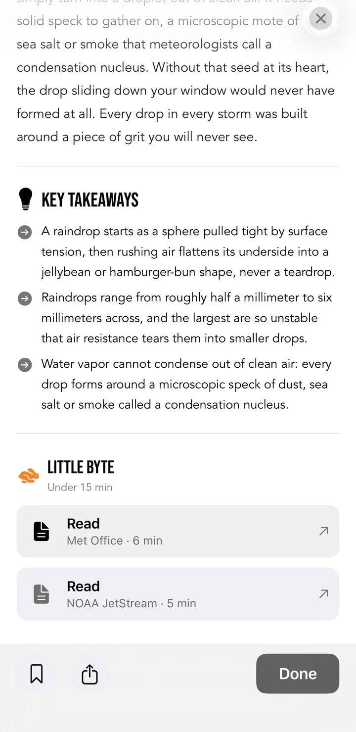 Key Takeaways for a byte, followed by a Little Byte section listing a 6-minute Met Office read and a 5-minute NOAA JetStream read.