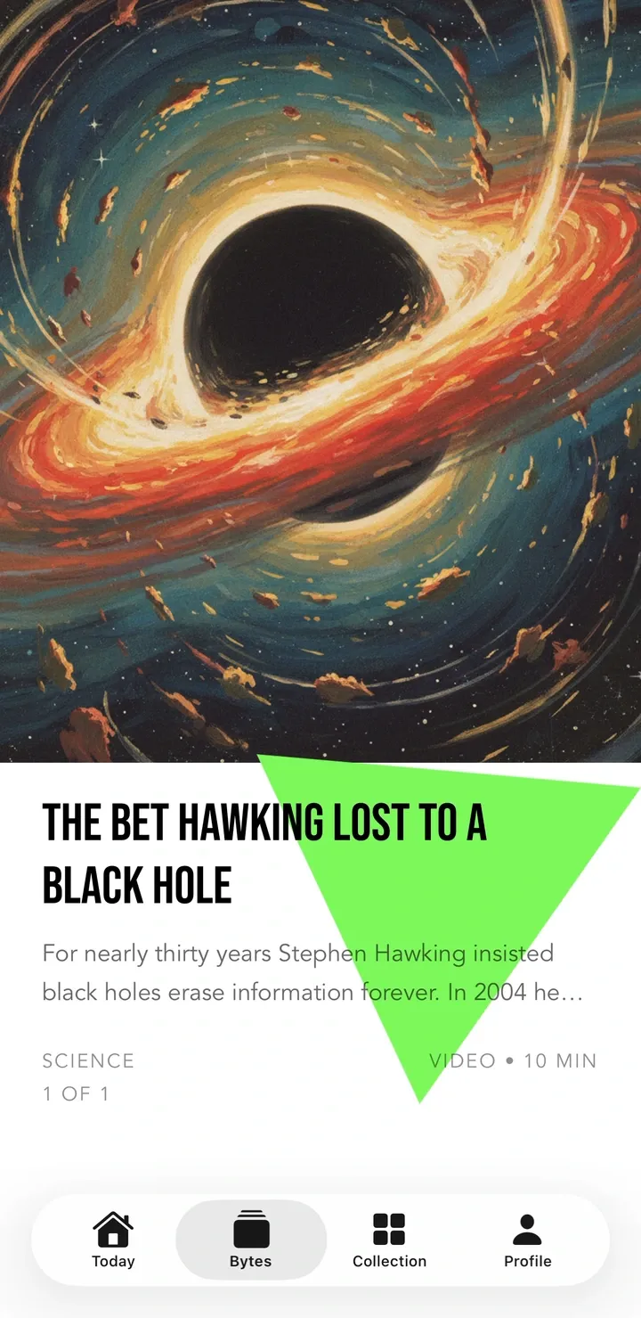 A CurioByte daily byte: a painted black hole above the headline “The bet Hawking lost to a black hole”.