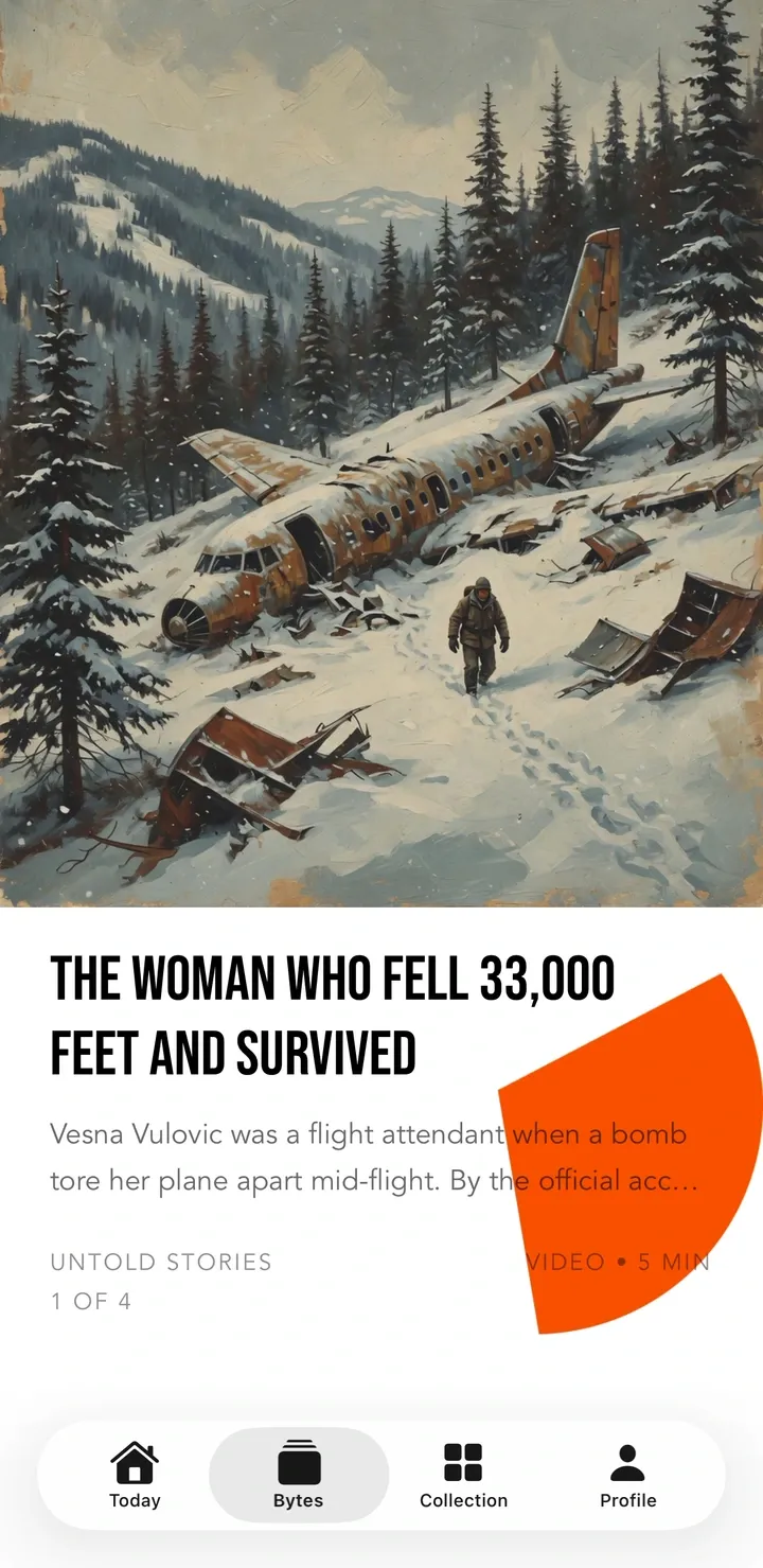 The daily byte filling the screen: a painted plane wreck in the snow under the headline “The woman who fell 33,000 feet and survived”.